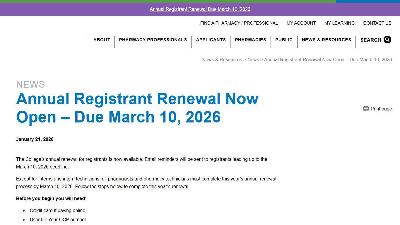 Annual Registrant Renewal Now Open – Due March 10, 2026 – OCP website